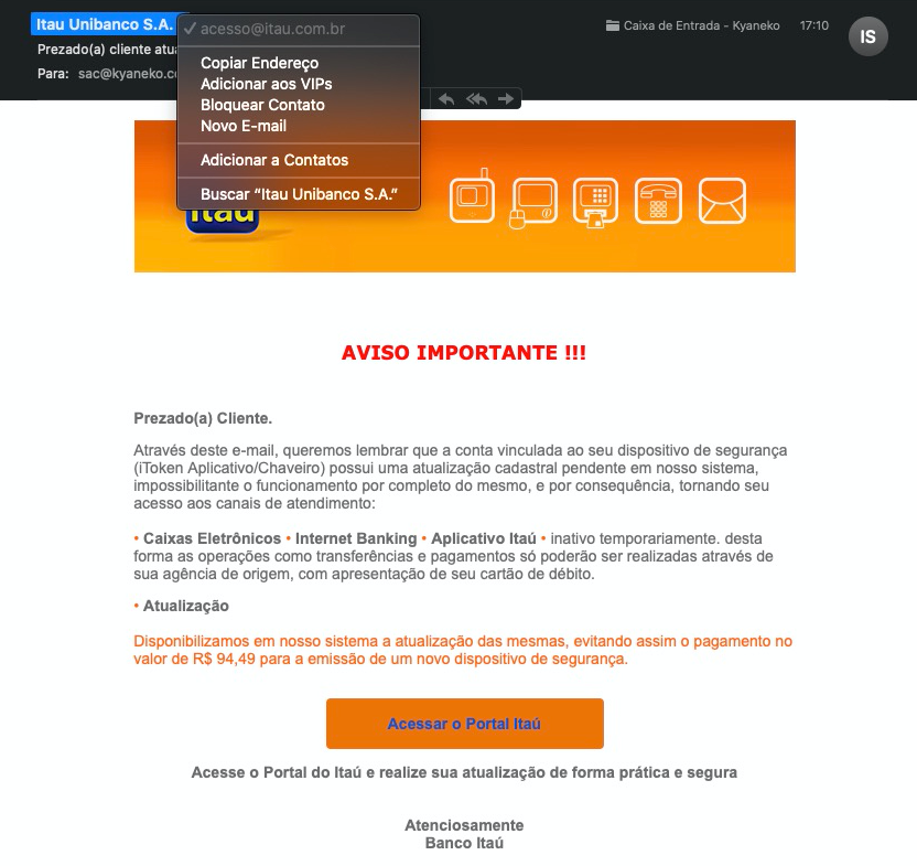 Cuidado com os Golpes de e-mails bancários - email itau
